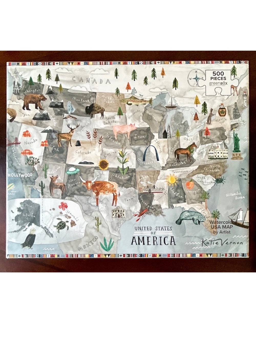 Watercolor USA Map 500-Piece Jigsaw Puzzle Green Box Art Culture~Katie Vernon